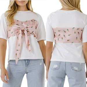 ENGLISH FACTORY T-shirt Top Tie-Front Pineapple White Pink Cotton Crewneck Tee